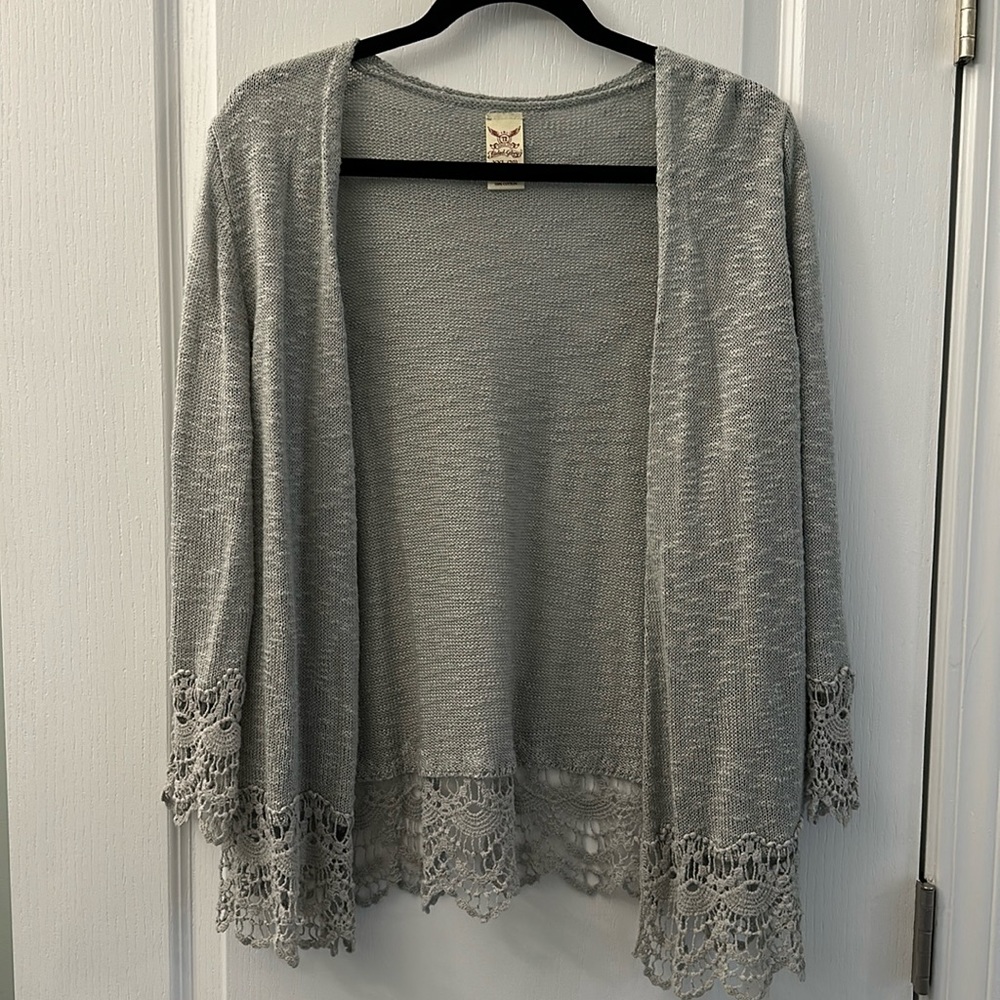 Faded Glory lightweight Sweater/Cardigan in silvery gray with lace trim